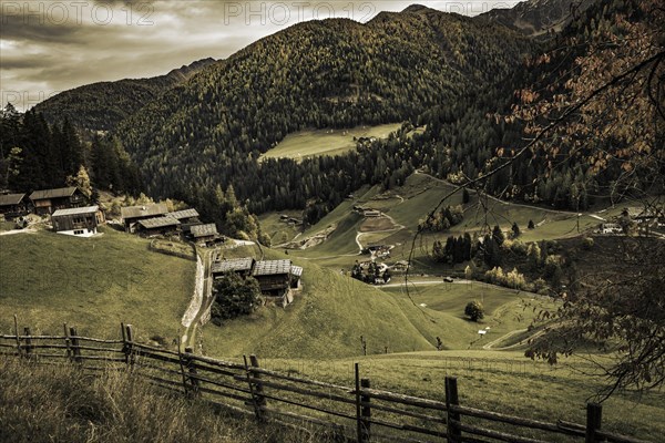 Old farms on mountain meadow