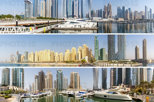 Dubai Marina and Harbour Collage Skyline Architecture Vacation in Arabia in Dubai