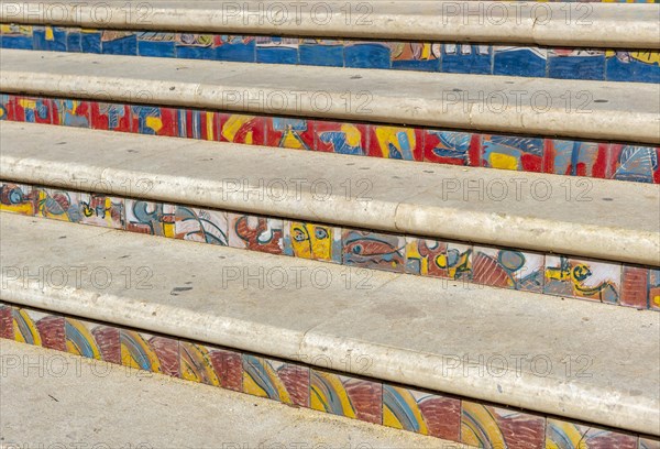 Close-up of colourful stairs with ceramic tiles