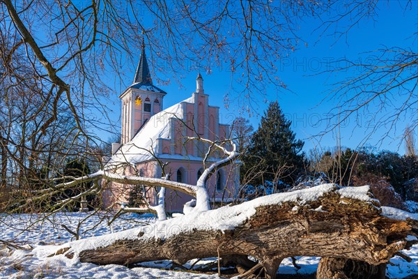 Village church in Lenne Park Criewen in winter