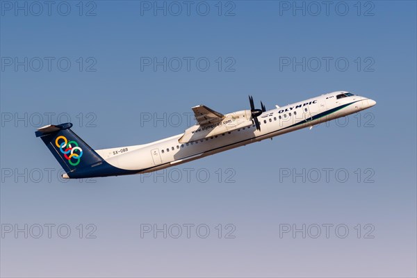 A Bombardier DHC-8-400 aircraft of Olympic Air with registration number SX-OBB at the airport in Athens