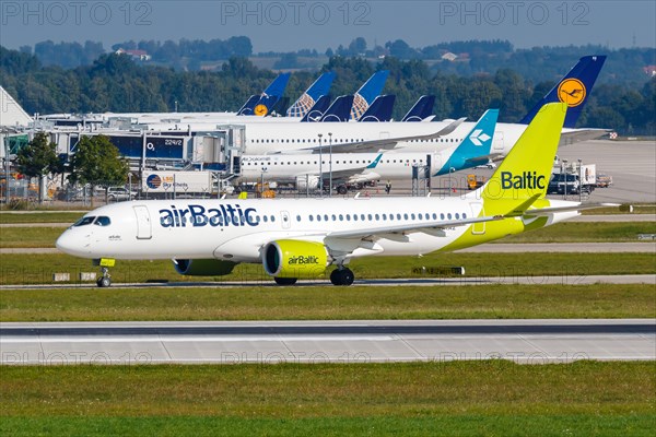 An Air Baltic Airbus A220-300 with registration number YL-AAZ at Munich Airport