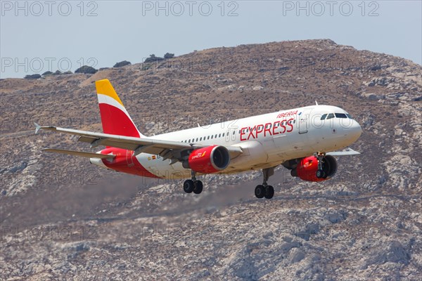 An Airbus A320 aircraft of Iberia Express with registration number EC-MUF at the airport in Santorini