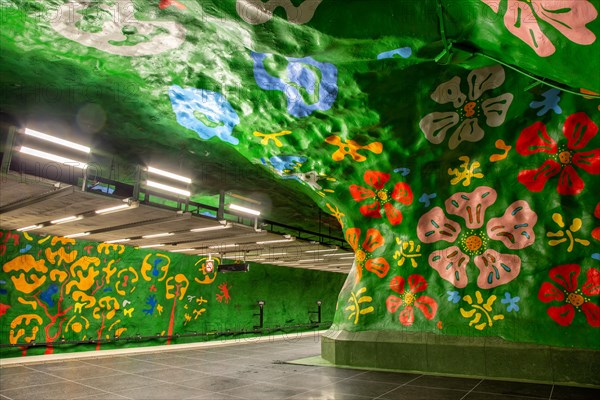 Artfully designed metro tunnelbana underground station stop Alby in Stockholm