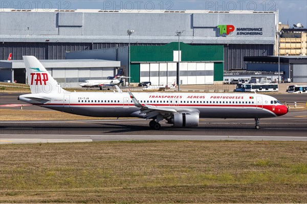 An Airbus A321neo aircraft of TAP Air Portugal with registration CS-TJR and retro livery at the airport in Lisbon