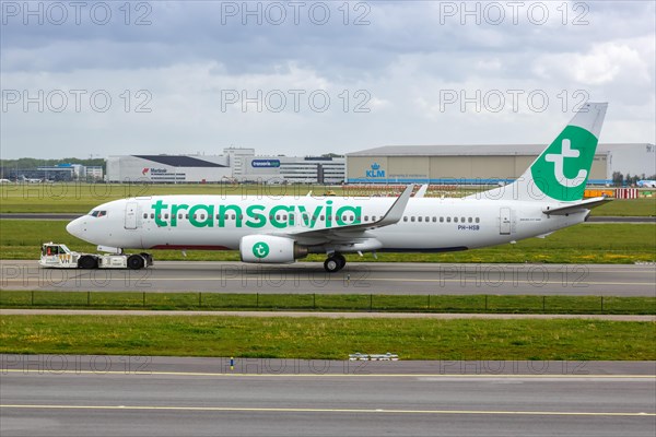 A Transavia Boeing 737-800 aircraft with the registration PH-HSB at the airport in Amsterdam