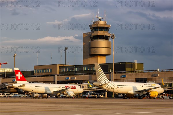 Airbus A320 aircraft of Vueling and Swiss at the airport in Zurich