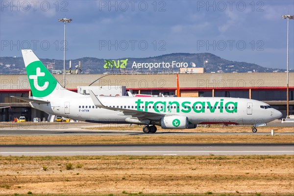 A Transavia Boeing 737-800 aircraft with registration F-HTVM at Faro airport