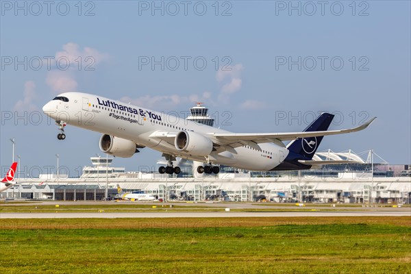 A Lufthansa Airbus A350-900 aircraft with the registration D-AIXP at the airport in Munich