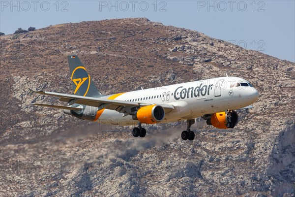An Airbus A320 aircraft of Condor with the registration D-AICC at the airport in Santorini