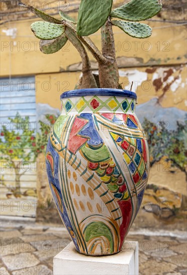 Colourful painted vase in the street of Kasbah Mazara del Vallo