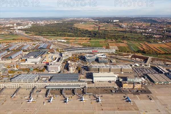 Aerial view of the airport and trade fair terminal in Stuttgart