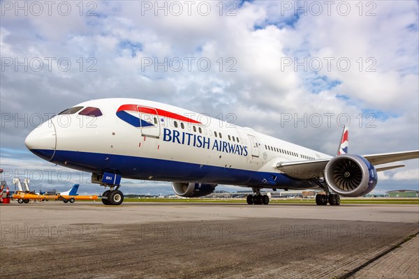 A British Airways Boeing 787-9 Dreamliner aircraft with registration G-ZBKF at the airport in Stuttgart