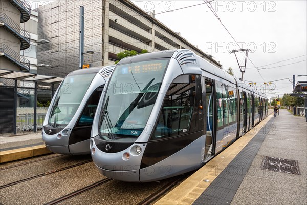 Modern light rail tramway Alstom Citadis trams Public transport at Blagnac Airport in Toulouse