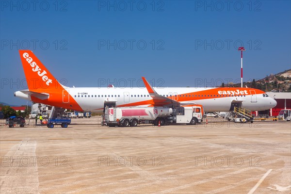 An EasyJet Airbus A321neo aircraft with registration G-UZMH at the airport in Kefalonia