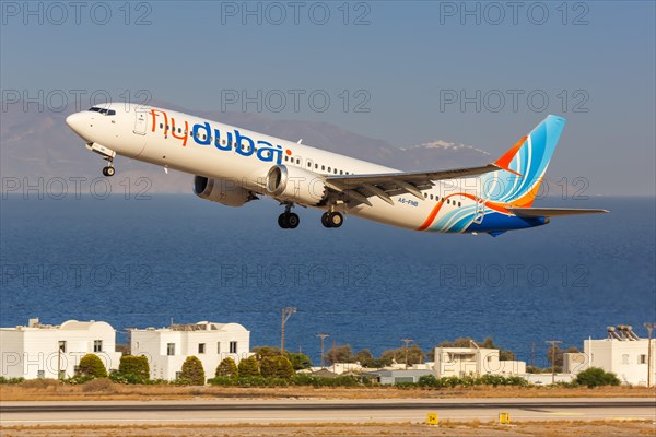 A FlyDubai Boeing 737 MAX 9 aircraft with registration A6-FNB at Santorini airport