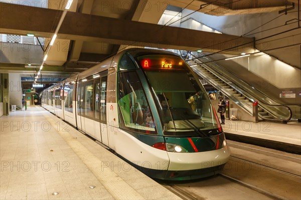 Modern tramway Alstom Citadis public transport underground stop Gare Centrale in Strasbourg