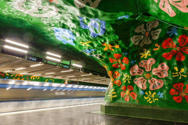 Artfully designed metro tunnelbana underground station stop Alby in Stockholm