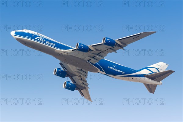 An AirBridgeCargo Boeing 747-8F aircraft with registration VQ-BVR takes off from Dubai Airport