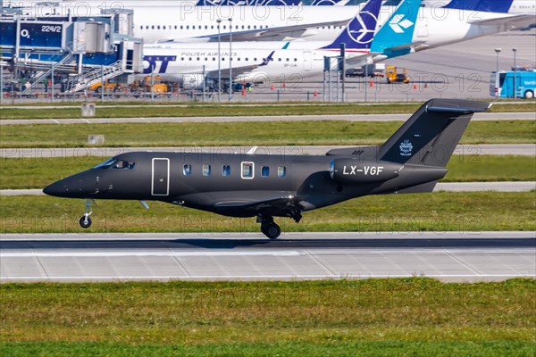 A Pilatus PC-24 aircraft of the Flying Group with registration LX-VGF at the airport in Munich