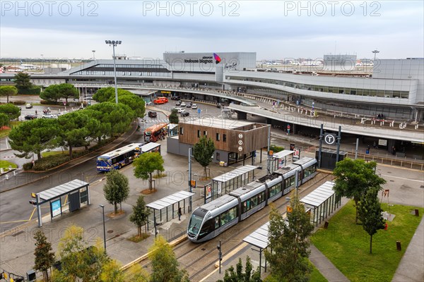 Modern Alstom Citadis light rail tram Public transport at Blagnac Airport in Toulouse