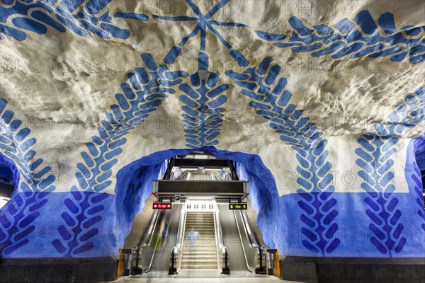 Artfully designed metro tunnelbana underground station stop T-Centralen station in Stockholm