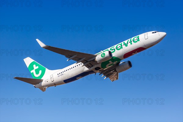 A Transavia Boeing 737-800 aircraft with registration PH-HXM at the airport in Lisbon