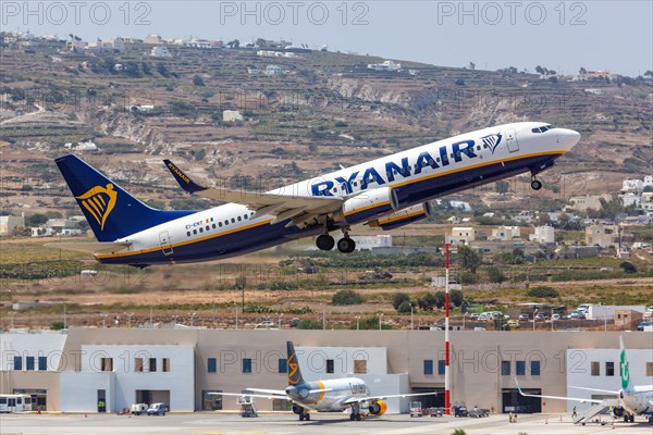 A Ryanair Boeing 737-800 aircraft with registration EI-ENT at Santorini airport