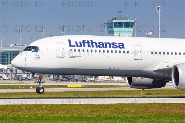 A Lufthansa Airbus A350-900 aircraft with the registration D-AIXF at Munich Airport