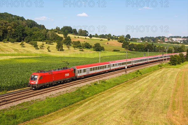 InterCity IC train of OeBB Austrian Federal Railways on the Filstalbahn in Uhingen