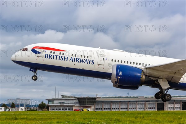 A British Airways Boeing 787-9 Dreamliner aircraft with registration G-ZBKF at the airport in Stuttgart