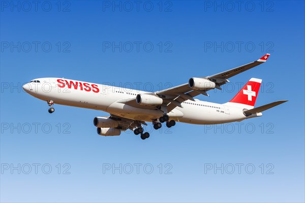 A Swiss Airbus A340-300 aircraft with registration HB-JMB at the airport in Palma de Majorca