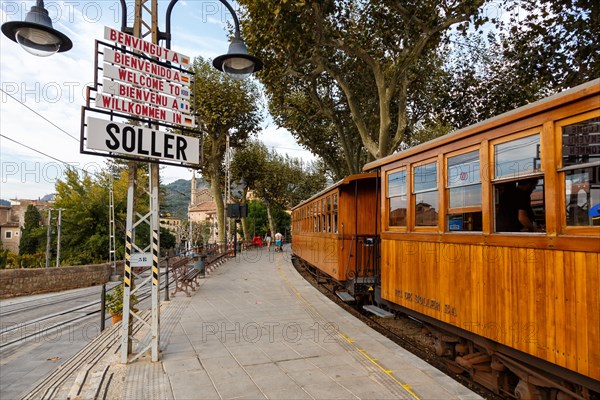 Historic train railway public transport in Majorca at the station in Soller