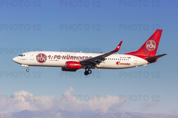 A Corendon Airlines Boeing 737-800 with registration number 9H-CXA in the 1. FC Nuremberg special livery lands at the airport in Palma de Majorca