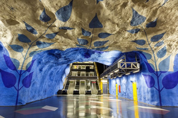 Artfully designed metro tunnelbana underground station stop T-Centralen station in Stockholm