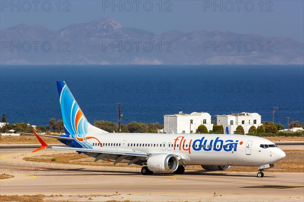 A FlyDubai Boeing 737 MAX 9 aircraft with registration A6-FNB at Santorini airport