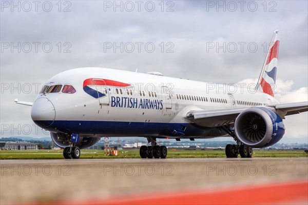 A British Airways Boeing 787-9 Dreamliner aircraft with registration G-ZBKF at the airport in Stuttgart