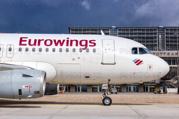 An Airbus A319 of Eurowings Europe with the registration OE-LYU at the airport in Stuttgart