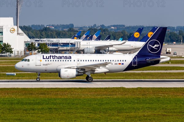 A Lufthansa Airbus A319 aircraft with the registration D-AIBE at the airport in Munich