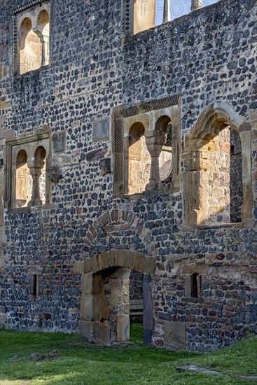 Facade of the Romanesque Muenzenberg Palas with windows and arcades