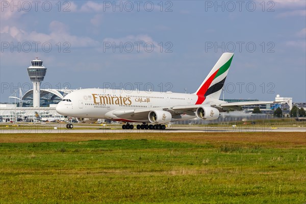 An Emirates Airbus A380-800 aircraft with registration A6-EUI at the airport in Munich