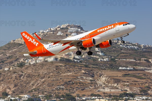 An EasyJet Airbus A320 aircraft with registration number OE-IJZ at Santorini Airport