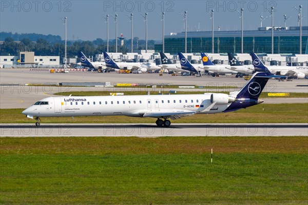 A Bombardier CRJ-900 aircraft of Lufthansa CityLine with the registration D-ACNG at Munich Airport