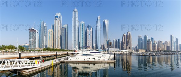 Dubai Marina and Harbour Skyline Architecture Vacation in Arabia Water Reflection Panorama in Dubai