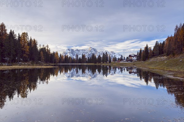 Antorno lake with Sorapis mountain group in the morning reflected in lake