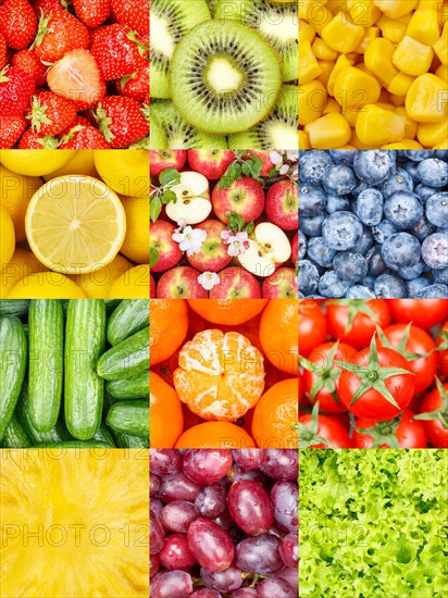 Fruits Fruit and Vegetable Collage Collection Background with Berries Apples and Carrots