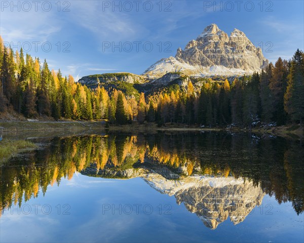 Antorno lake towards Tre Cime di Lavaredo mountain reflected in lake