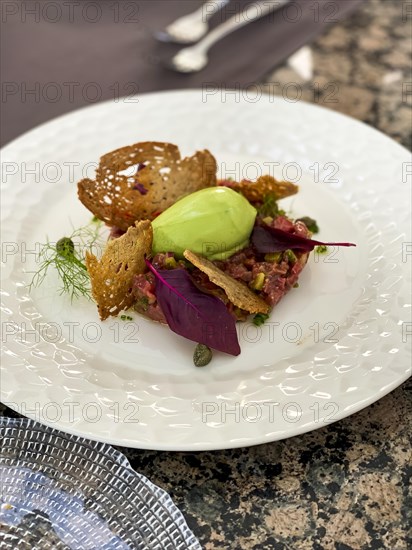 Avocado dip with toasted bread and salmon tartare
