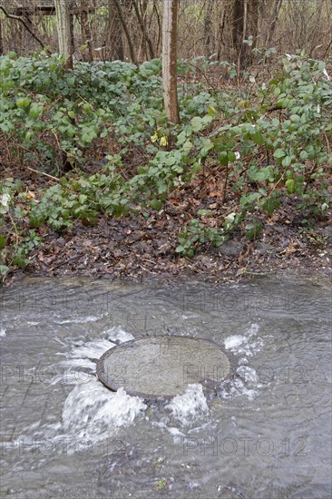 Water pouring out of a manhole cover