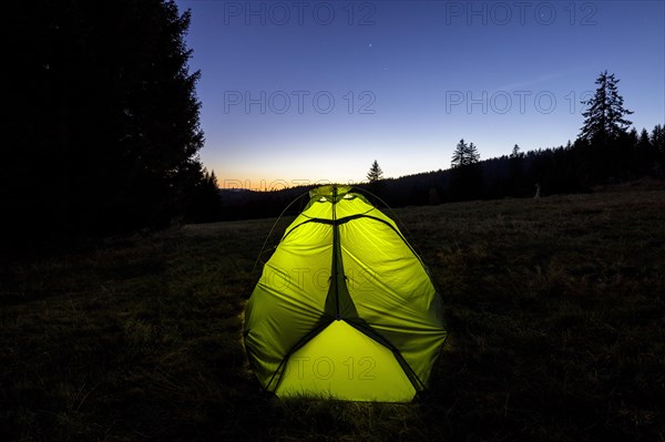 Illuminated green tent at the edge of the forest